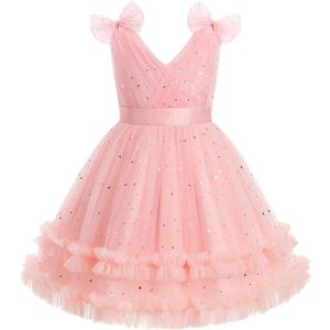 Kids Girls Sequins Dress Sleeveless Star Sequins Ruffle Tulle Tutu Dress Ball Gown Wedding Flower Girl (Pink)