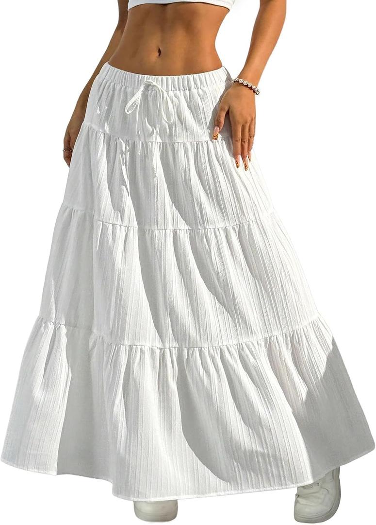 DERAX Women's Boho Flowy White Maxi Skirt Flared Ruffle Elastic Waist Summer A Line 2026 Spring Long Skirts (White, S)