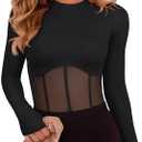 REORIA Women's Trendy Sexy Crew Neck Thumbholes Long Sleeve Sheer Mesh Going Out Bodysuit Tops, Size S
