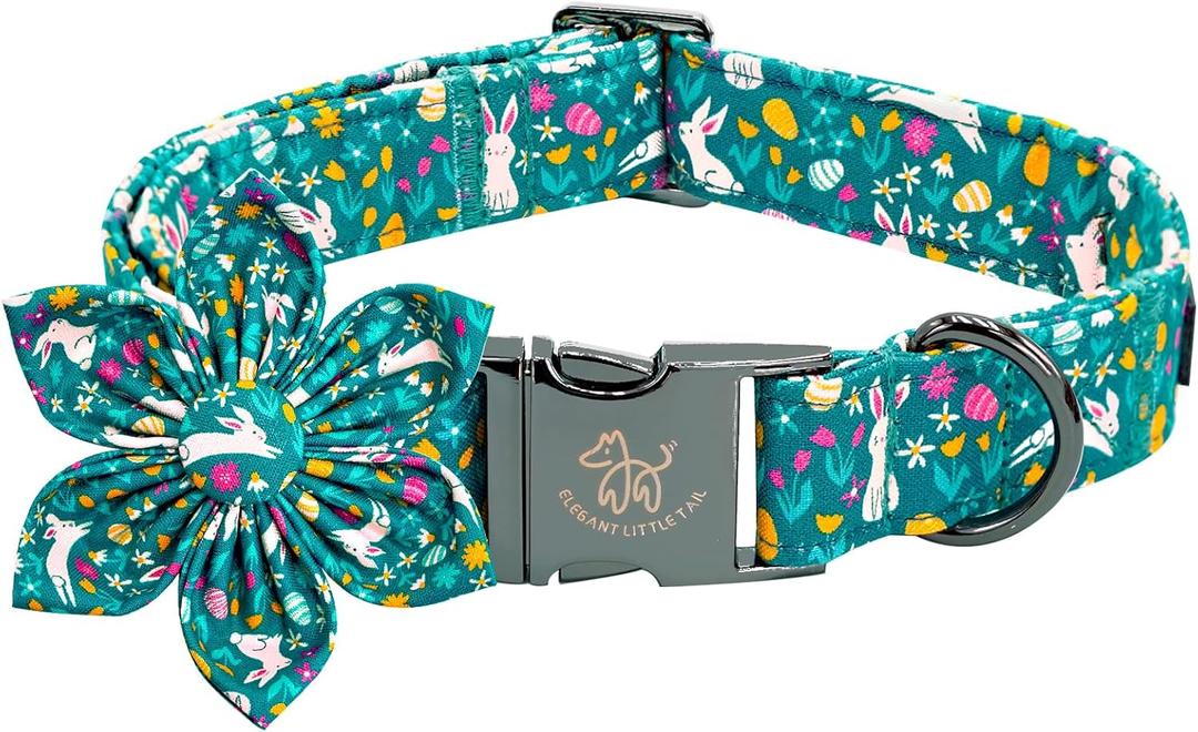 Elegant little tail Easter Dog Collar, Bunny Print Dog Collar with Flower Girl Boy Pet Collar Flower Spring Collar Holiday Dog Collar Adjustable Dog Collar for X-Small Puppy