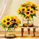 2 Set Vintage Glass Vase Rustic Farmhouse Lantern Decor with Artificial Plants Lights Decorative Clear Vase for Home Decor Floral Arrangement Dining Table Centerpieces (Sunflower)