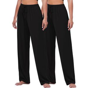 FEQO 2 Pack Women's Lounge Pants Wide Leg Yoga Pants Casual Pajama Bottoms (Black, S)