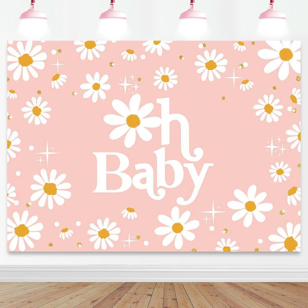 Mocsicka Daisy Baby Shower Backdrop 7x5ft Groovy Boho Floral Party Decor Cake Table Portrait Photo-Shoot Studio Props (Pink)