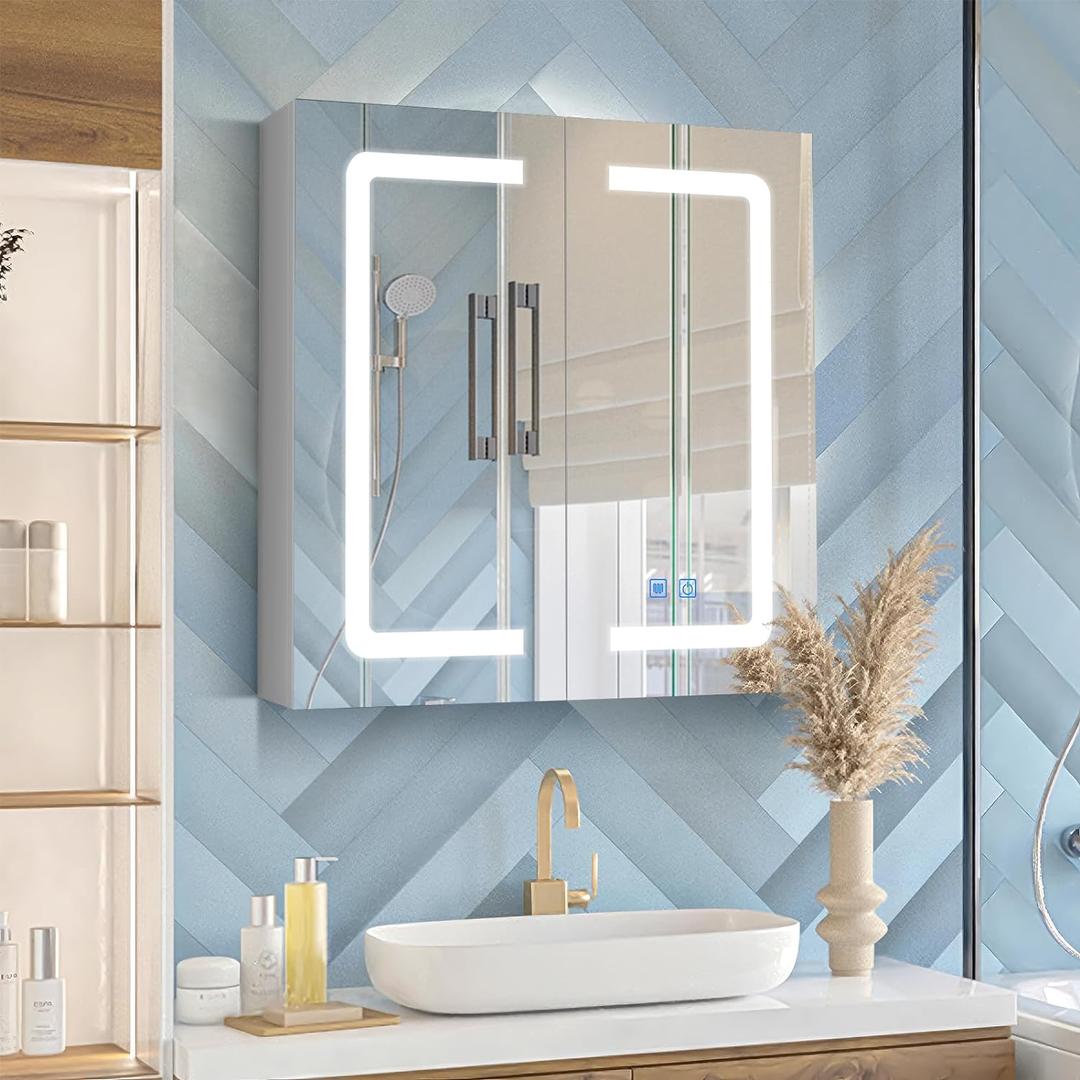 LALAHOO 23.6"x24.5" Bathroom Medicine Cabinet with Mirror, Lights, Defogging, 3-Color Temperature Adjustment & Shelf