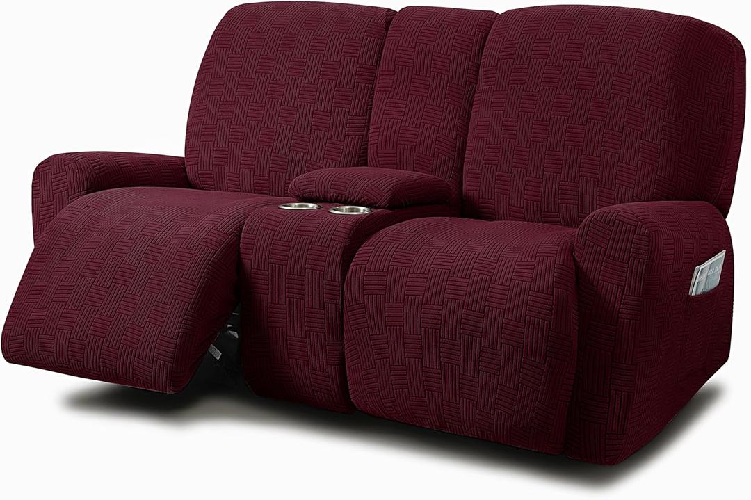 ULTICOR Jacquard Design Reclining Loveseat with Middle Console Slipcover, 8-Piece Stretch Sofa Covers, 2 seat Loveseat Recliner Cover, Washable (Style 4) (Red - Burgundy)