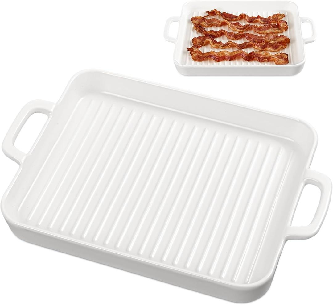 Bacon Cooker for Microwave Oven,Ceramic Microwave Bacon Tray,White Bacon Cooker Meat Rack for Oven, Square Baking Tray,Multi-Functional Microwave bacon Cooker,Microwave-Safe