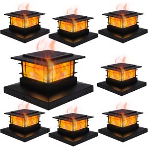 Dynaming 8 Pack Solar Post Cap Lights Outdoor with Flickering Flame Light, Fence Post Solar Lights Fit for 4x4 5x5 6x6 Vinyl/Wooden Posts, High Brightness SMD LED Lighting Decor for Garden Deck Patio (Black)