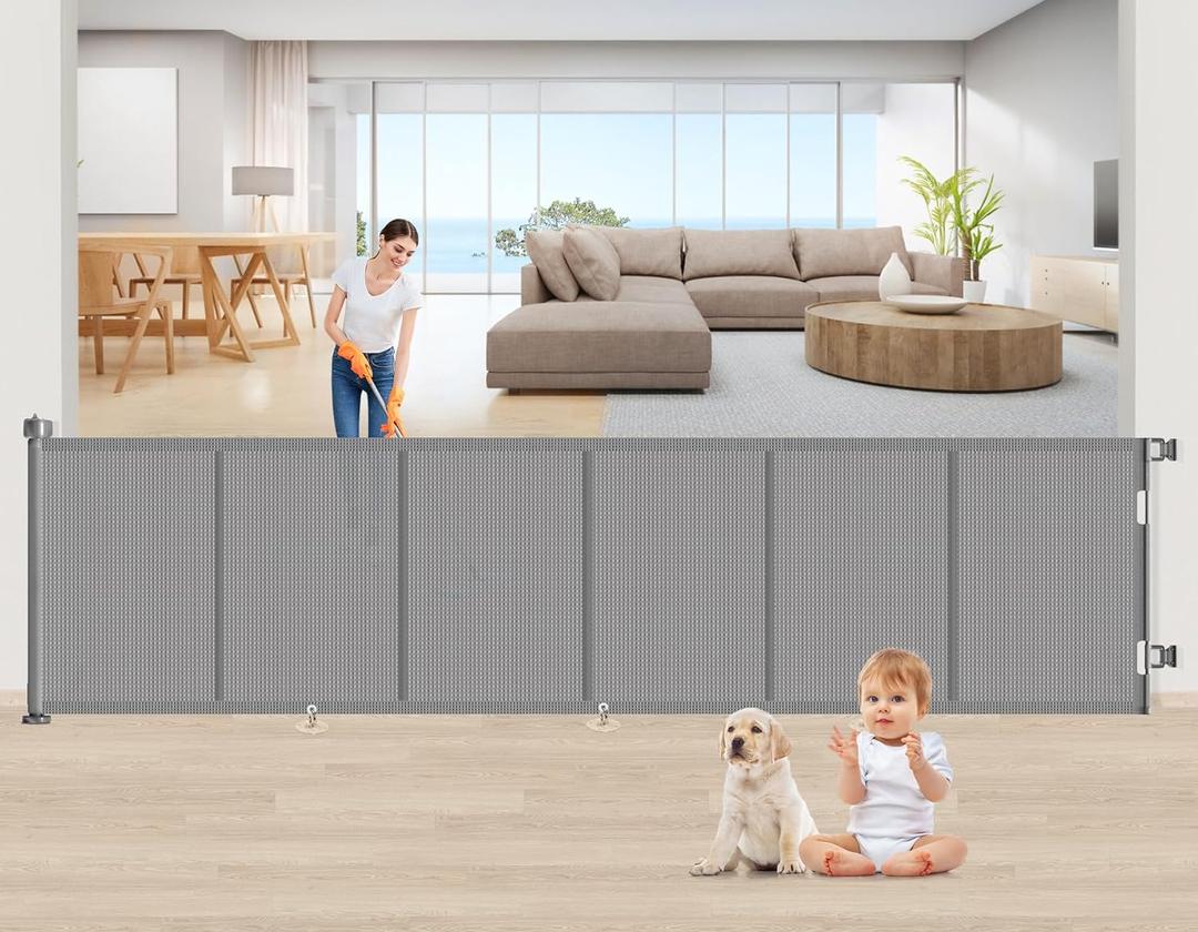 Upgrade 150 inch Retractable Baby Gates, EZIGO Extra Wide Baby Gate for Large Opening Extra Long Mesh Gate for Kids or Pet Dog Gate Child Safety Gate for Stairs Hallways Doorway Indoor Outdoor, Gray, Size: 34'' X 150''