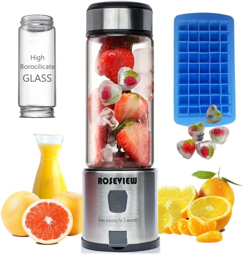 Portable Smoothie Blender ROSEVIEW Glass Cordless Mini Shakes Cup blend for smoothies USB rechargeable juicer 2 battery Handheld Personal travel Jet mixer (BLK Steel)