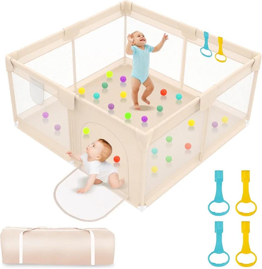 Abdtech Baby Playpen with Mat 79x71inch - Extra Large Play Pen for Babies and Toddlers Indoor & Outdoor Baby Playard with Soft Breathable Mesh Cover - Sturdy Foam Infant Gate Playpen(Apricot)