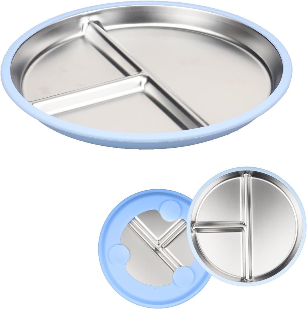Stainless Steel Baby Plates with Suction,9Compartment Divided Dish, Removable and Dishwasher Safe Food Grade Silicone Sleeves,BPA-Free,Unbreakable Toddler Feeding Set (Light Blue)