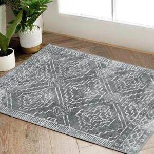 jinchan Moroccan 2x3 Rug for Entryway - Machine Washable Rug Modern Geometric Kitchen Soft Faux Wool Non-Slip Doormat Ultra-Thin Carpet for Entrance Bathroom Bedroom Living Room(2x3ft,Dark Grey)