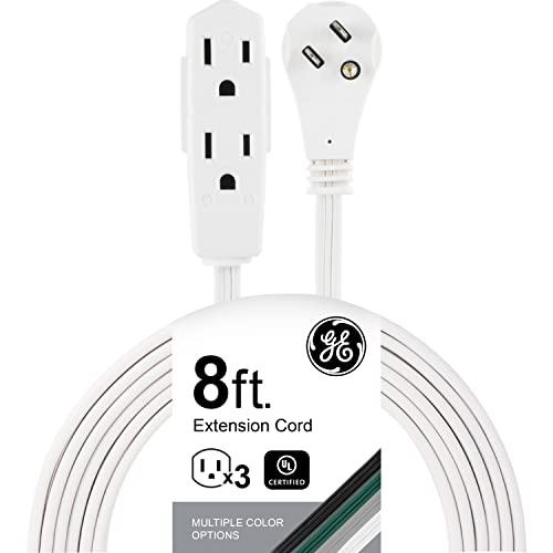 GE 3-Outlet Flat Extension Cord 8 Ft Grounded Extension Cord with Multiple Outlets 3 Prong Outlet Extender Flat Plug Indoor Power Strip 16 Gauge UL Listed White 50251