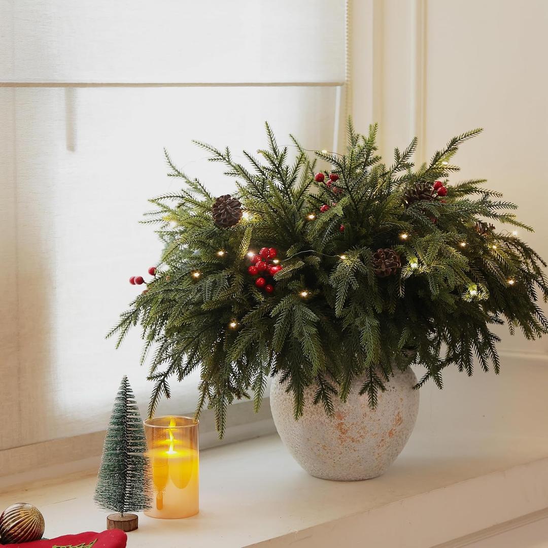 20-Piece Set 24" Artificial Norfolk Pine Branches - Christmas Decorations - Faux Christmas Greenary - Faux Norfolk Pine Stems for DIY Crafts Garland Wreath Home Decor- Free LED String Lights