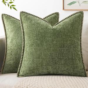 MIULEE Pack of 2 Couch Throw Pillow Covers 18x18 Inch Light Green Farmhouse Decorative Pillow Covers with Stitched Edge Soft Chenille Solid Dyed Spring Pillow Covers for Sofa Bed Living Room,  Sage Green 