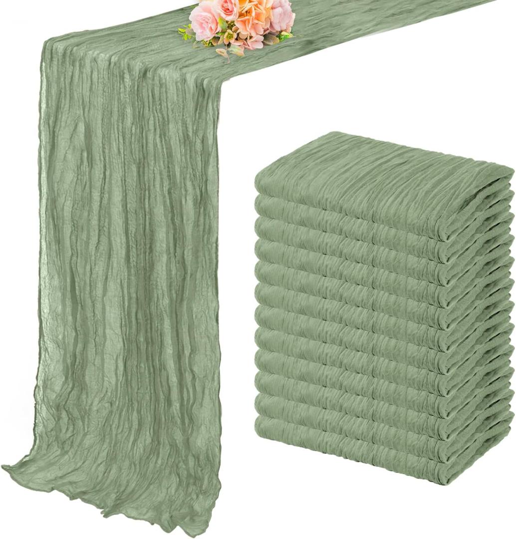 12 Pack Sage Green Cheesecloth Table Runner 10FT Rustic Gauze Fabric Cheese Cloth Table Runner for Wedding Bridal Baby Shower Table Decor 20 x 120 Inch Long Boho Sheer Birthday Party Table Decorations