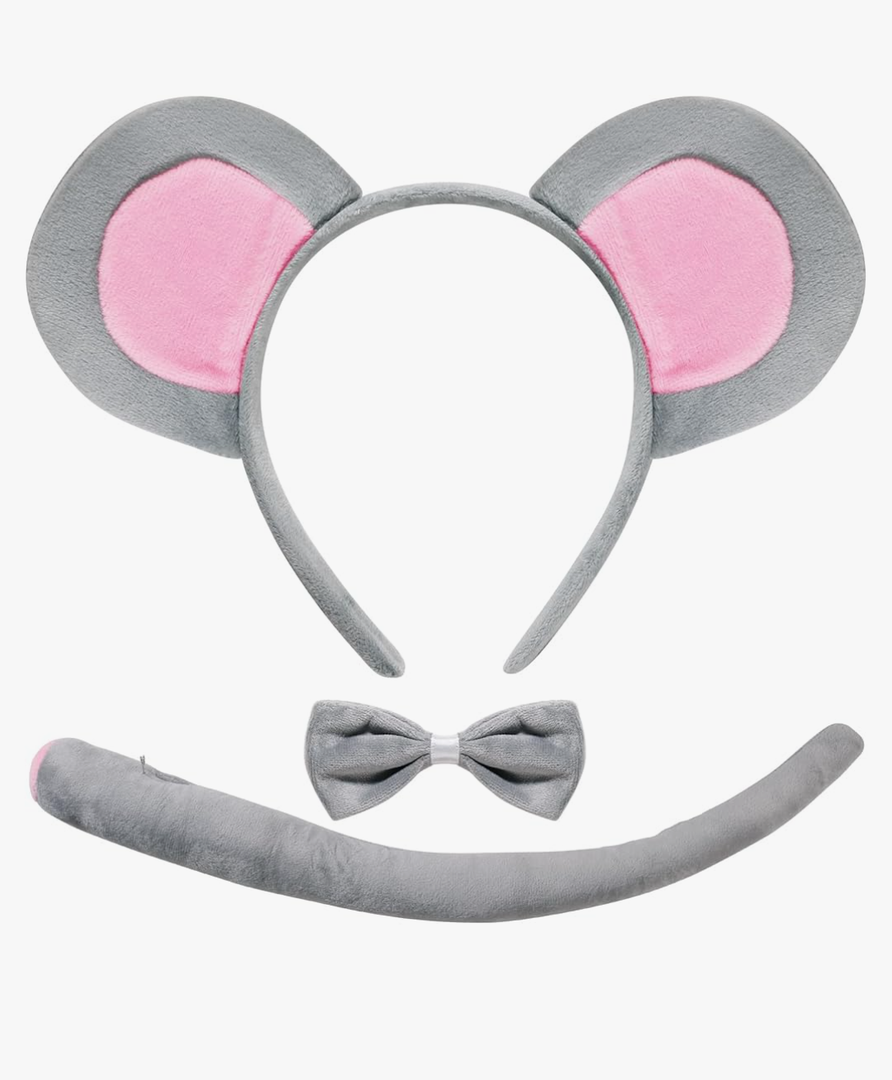 Mouse Costume Ears-Headband-Tail-Bow-Tie Accessories Set : Standing Up Grey and Pink Ears Headband and Tail, Bow Tie Mouse Halloween Accessories Set - for Adult Toddlers and Kids