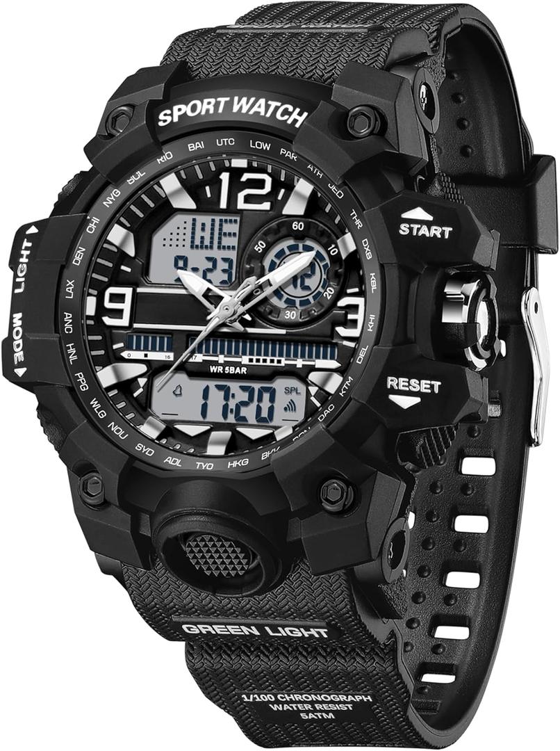 Women's Sports Watch Digital Watches for Ladies Tactical Watch Outdoor Military 5ATM Waterproof Watch Stopwatch Alarm LED Backlight Shockproof Analog Wrist Watches for Women (black white)