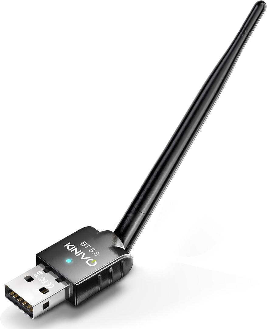 Kinivo USB Bluetooth Adapter for PC (BT 5.3, Long Range Wireless Receiver, USB Dongle for Ubuntu, Windows 11/10/8.1) - Compatible with Laptops, Headsets, Speaker, Mouse, Keyboard, Printers