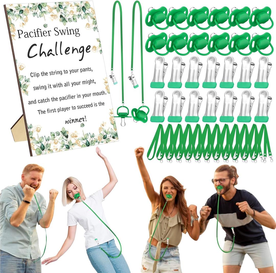 Geelin 12 Sets Swing Pacifier Baby Shower Games Funny Gender Reveal Games, Include 1 Wooden Sign and 12 Plastic Pacifiers for Bridal Baby Shower Gender Reveal Party Women Men(Eucalyptus,Greenery)