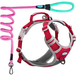 ThinkPet No Pull Harness Set Breathable Sport Harness with Handle - Reflective Padded Dog Safety Vest with Reflective Neon Dog Leash L Harness Leash Pack Red