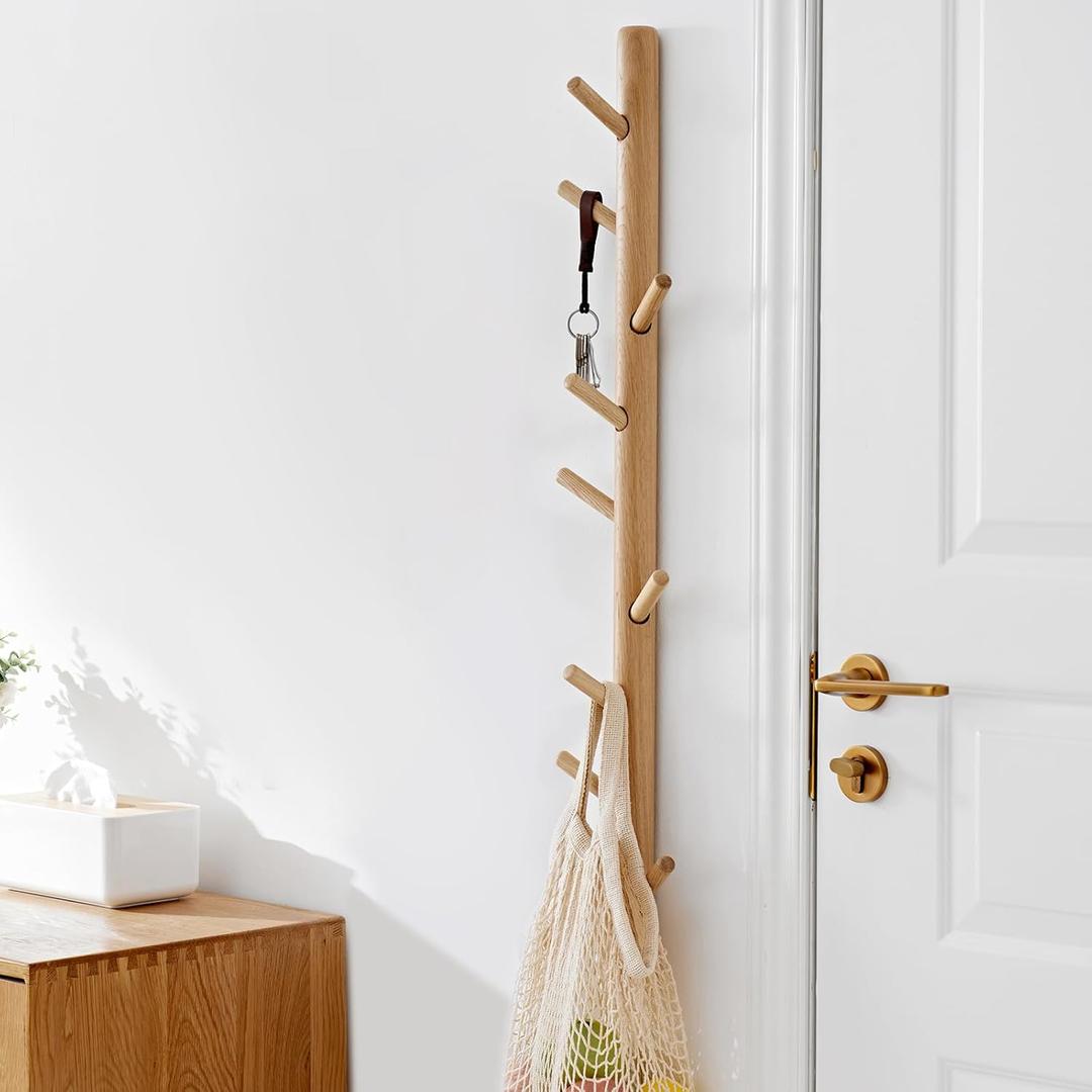 Vertical Coat Rack Wall Mounted - Height 36 Inches, Oak Wood Vertical Hat Rack for Wall with 9 Hooks, Modern Coat Rack Tree for Hanging Hats, Jackets, Bags in Entryway Bedroom Office