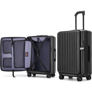 ROAMING 26 Inch Checked Luggage, Specially Designed Ergonomic Pull Rod Handle with Cup Holder TSA Lock PC Hard Shell Front Opening Rolling Expandable Travel Suitcases with Spinner Wheels (Black)