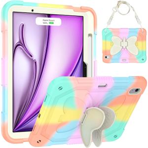 Case for iPad Air 11-inch (M2 and M3) for Kids Girls with Stylus Holder, Cover for iPad Air 6th 2024/2025 with Butterfly Stand, Carrying Strap, Heavy Duty Full Body Protective - Colorful