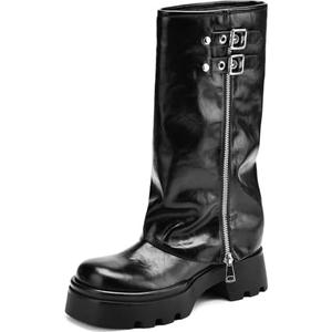 TEAIEUI Women's Knee High Riding Boots Chunky Platform Low Heel Round Toe Moto Boots Slouchy Fold Over Wide Calf Motorcycle Biker Boots for Women with Buckle, Size: 7