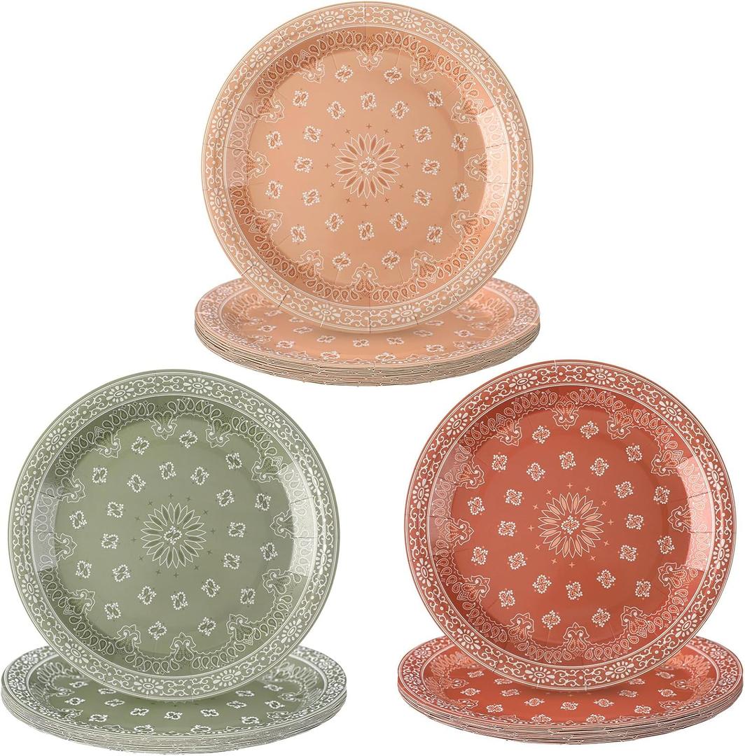 Zhehao 48 Pcs Western Party Plates Bulk 9 Inch Cowboy Bandana Plates Wild West Cowboy Tableware for Birthday Baby Shower Decorations