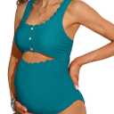 Charmo Maternity One Piece Swimsuit Scalloped Cut Out Ruched High Waisted Scoop Neck Pregnancy Bathing Suit (Small, Teal)