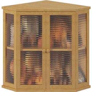 Extra Large Corner Bread Box for Kitchen Countertop, 16.5 inch Bamboo Double Layer Bread Storage with Glass Wavy Door Panel, Eco-Friendly and Stylish Design