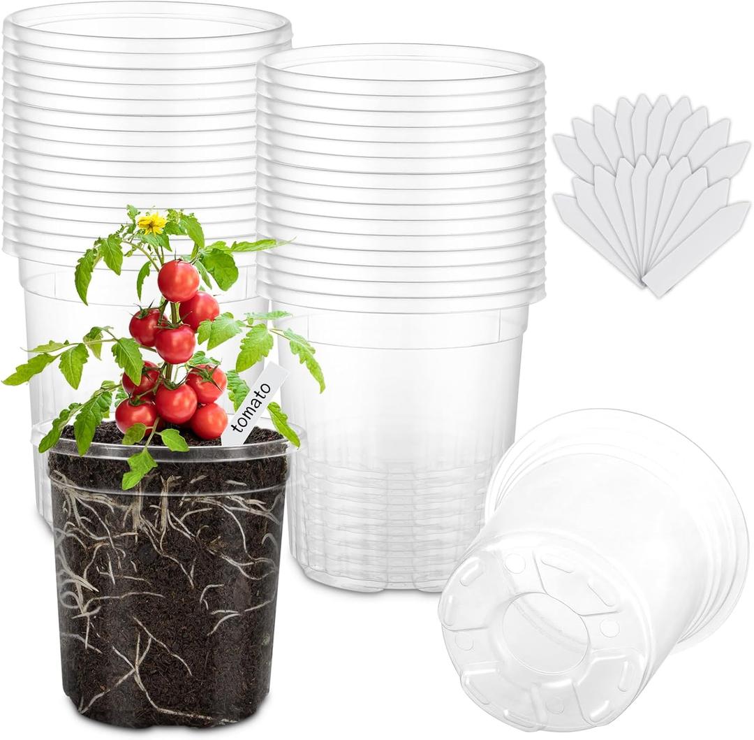 30 Packs 5 Inch Reinforced Clear Nursery Pots for Plants with Drainage Holes, High Transparency Plastic Seedling Plant Pot with 20 Labels