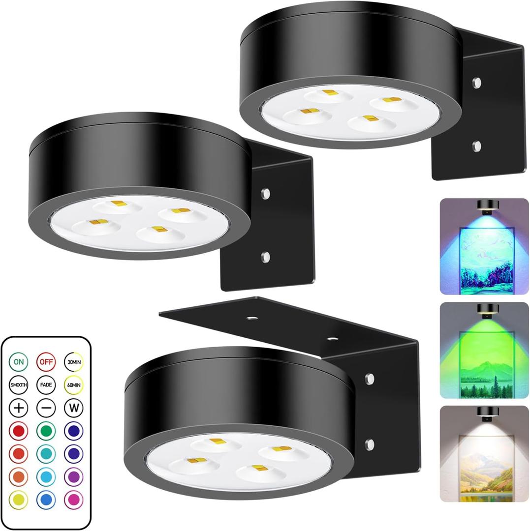 Battery-Powered Picture Lights with Remote Control, Magnetic LED Art Lights for Framing, Dimmable and Timer-Equipped, RGB Lighting Modesattery Operated Painting Light3Pack Black