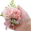 2 x Rikyo 2 Pack Flower Wrist Corsage Boutonniere Set,3" Artificial Rose Carnation Wrist Corsage and Men Boutonniere Set,DIY Silk Flower for Wedding Flowers Accessories Prom Suit Decor (Pink)