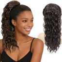 16 Inch Medium Brown Water Wave Drawstring Ponytail for Black Women - Synthetic Hairpiece, Curly Wavy Extension, Natural Looking & Easy to Install for Daily Party Use