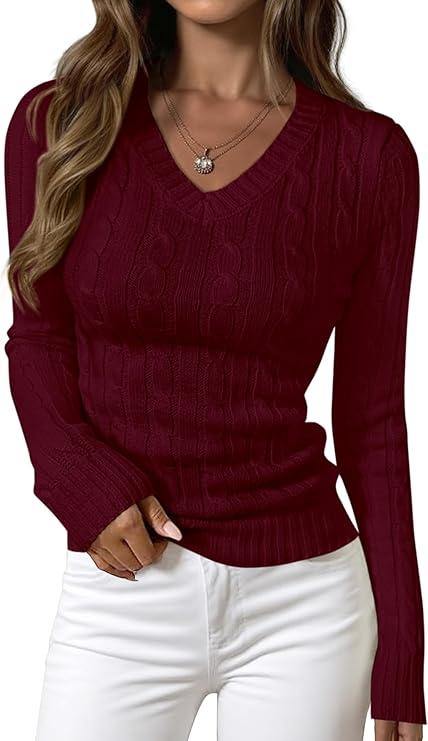 PRETTYGARDEN V Neck Cable Knit Sweaters for Women 2026 Long Sleeve Ribbed Fitted Pullover Tops Business Casual Fall Outfits, Small