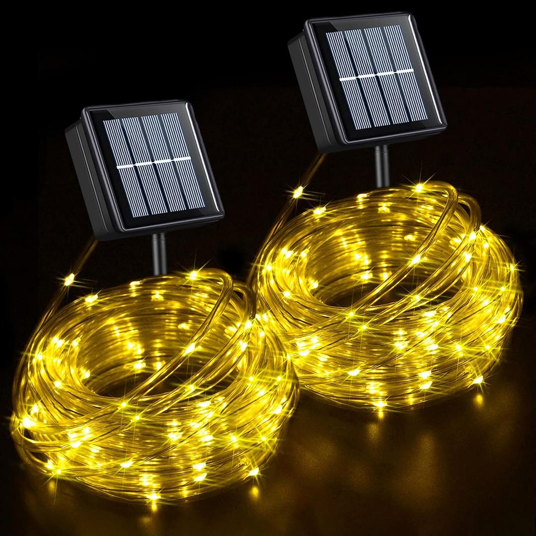 YEGUO Solar Rope Lights Outdoor Waterproof, 2 Packs Each 33ft 100 LED String Lights, 8 Modes Fairy Lights in Clear Thin Tube for Camping Fence Patio Garden Trampoline Deck(Warm White)