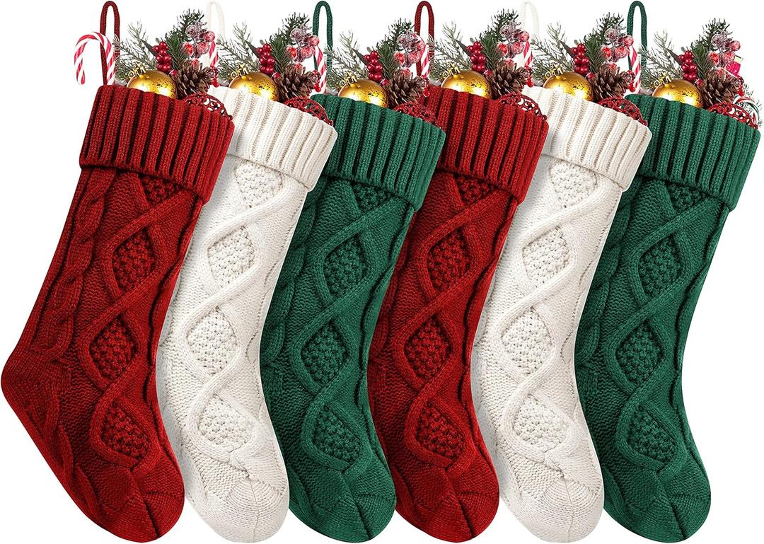 Fesciory Christmas Stockings, 6 Pack 18" Large Knit Stocking & Decor for Family Holiday Xmas Party Gift, Burgundy&Ivory&Green