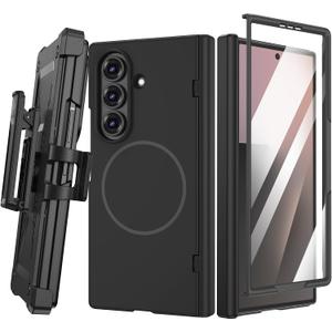 Maxdara for Z Fold 7 Magnetic Case with Belt Clip Holster, Compatible with Magsafe & Hinge Protection & Tempered Glass Screen Protector Magnet Hard Cover for Samsung Galaxy Z Fold 7 - Black