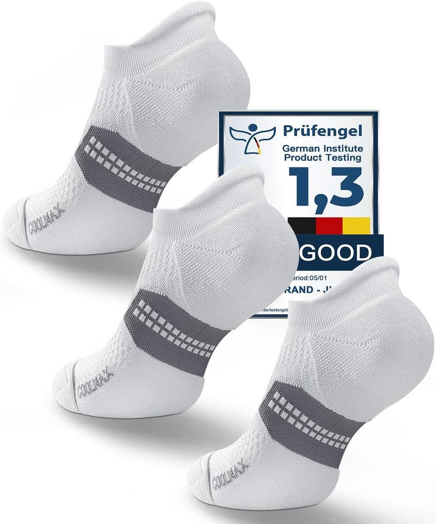 Coolmax Bamboo Viscose Compression Tab Running No Show Socks Men Moisture Wicking Cushioned Anti-Blister Seamless (Medium, Glacier White*3)