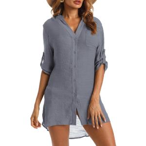 Swimsuit Coverup for Women 2024, V-Neck Beach Button Down Bikini Cover Ups Knee-Above Shirt Tops (X-Large, Grey)