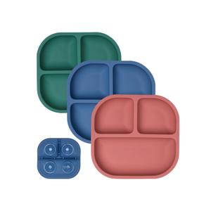 BABELIO Powerful Suction Plates for Baby and Toddler, 100% Food Grand Silicone, Divided, BPA Free, Microwave & Dishwasher Safe, Stay Put, 3 Pack (1-Blue/Matcha Green/Red)
