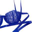 Lilosy Sexy Eyelash Underwire Floral Lace Sheer O Ring Linked Cutout Lingerie Set 2 Piece (Blue, L)
