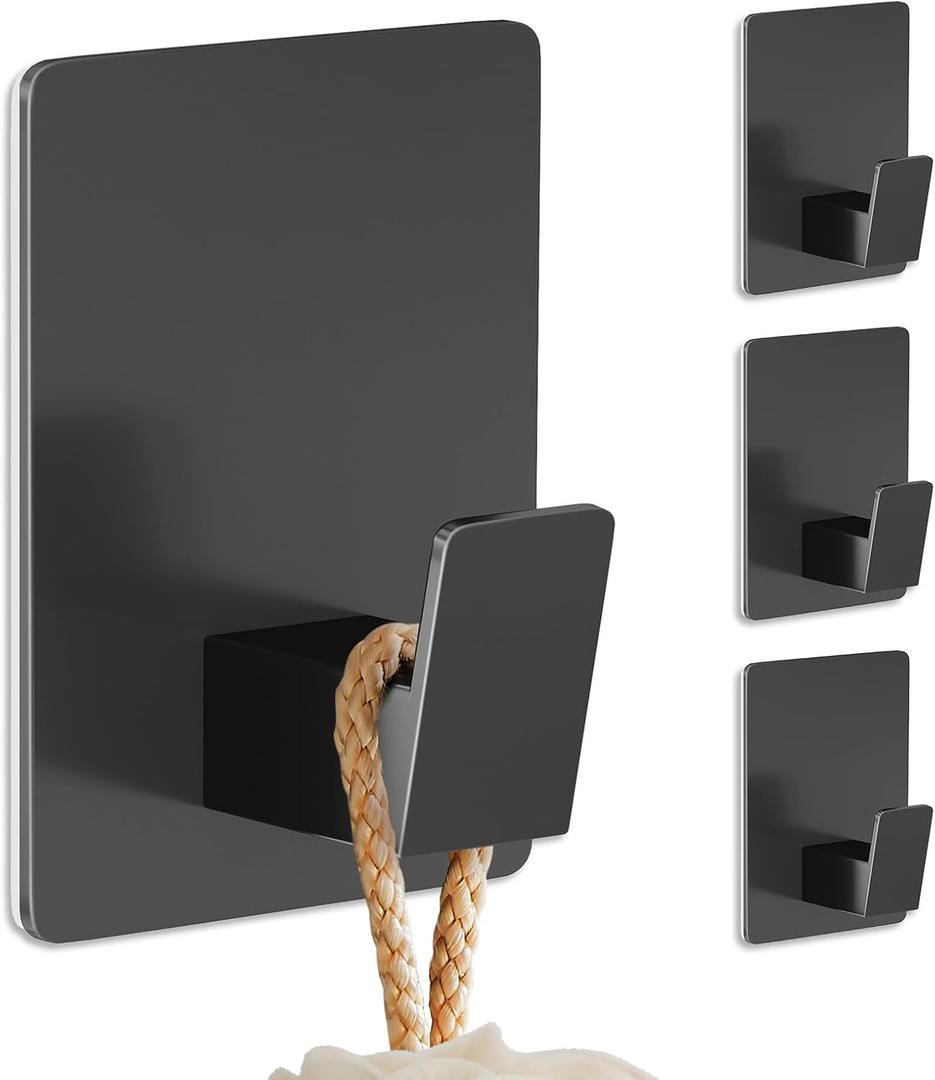 Towel Hooks for Bathrooms, Adhesive 4 Pack Towel Hooks, Heavy Duty Wall Hook for Hanging Towel, Robe, Loofah, Purse, Stainless Steel Shower Hooks for Inside Shower, Kitchen (Black)