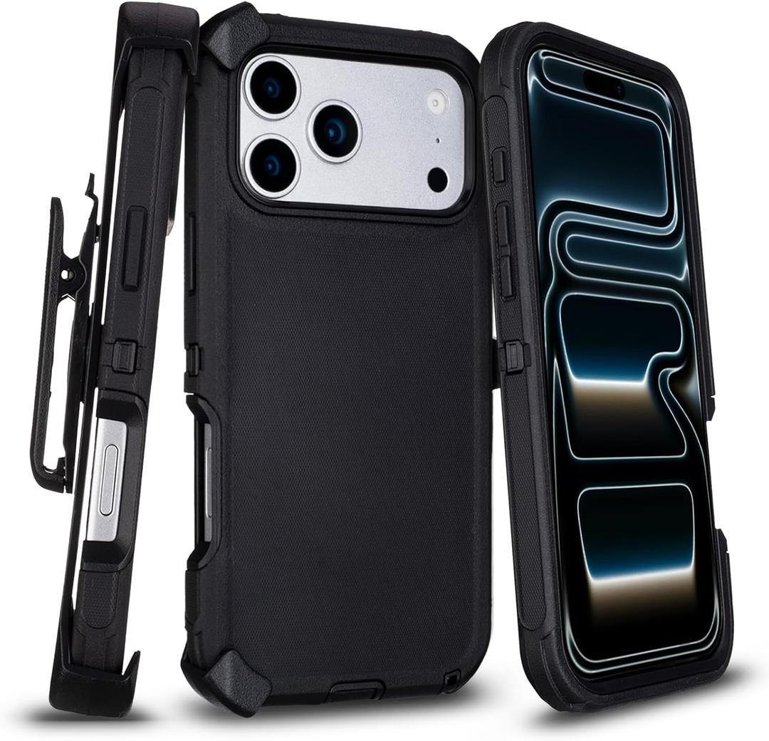for iPhone 17 Pro Max Case with Belt Clip Holster, Military Grade Drop Protective, 4 in 1 Heavy Duty Shock-Absorbing Rugged Case for iPhone 17 Pro Max 6.9", Black
