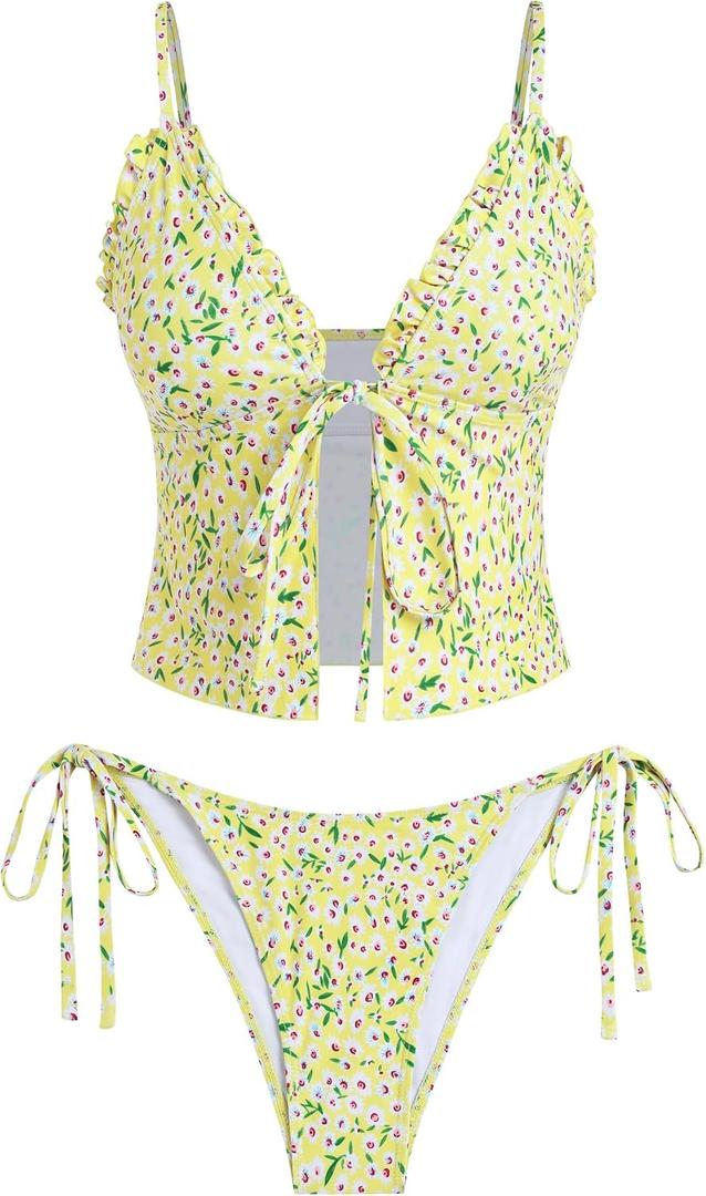 ZAFUL Tankini Swimsuits for Women Smocked Ruffles Tie Front Bowknot Textured High Cut Tanga Tankini Set (Yellow, L)