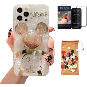 Cartoon Case for iPhone XR 6.1'' with HD Screen Protector, Mickey Mouse with Quicksand Cell Phone Holder Strap Soft TPU Shockproof Protective for Girls Women
