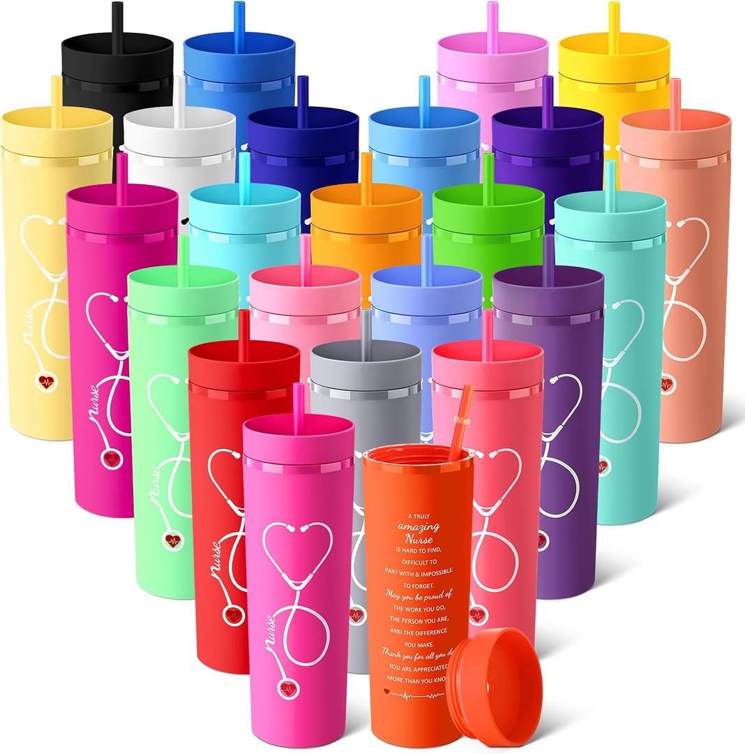 Skylety Nurse Gifts for Women Plastic Skinny Tumblers with Lid Straw Bulk 16 oz Matte Colorful Double Wall Tumblers Nursing Appreciation Gift for CNA Week Graduation School Office(24 Colors,24 Pcs)