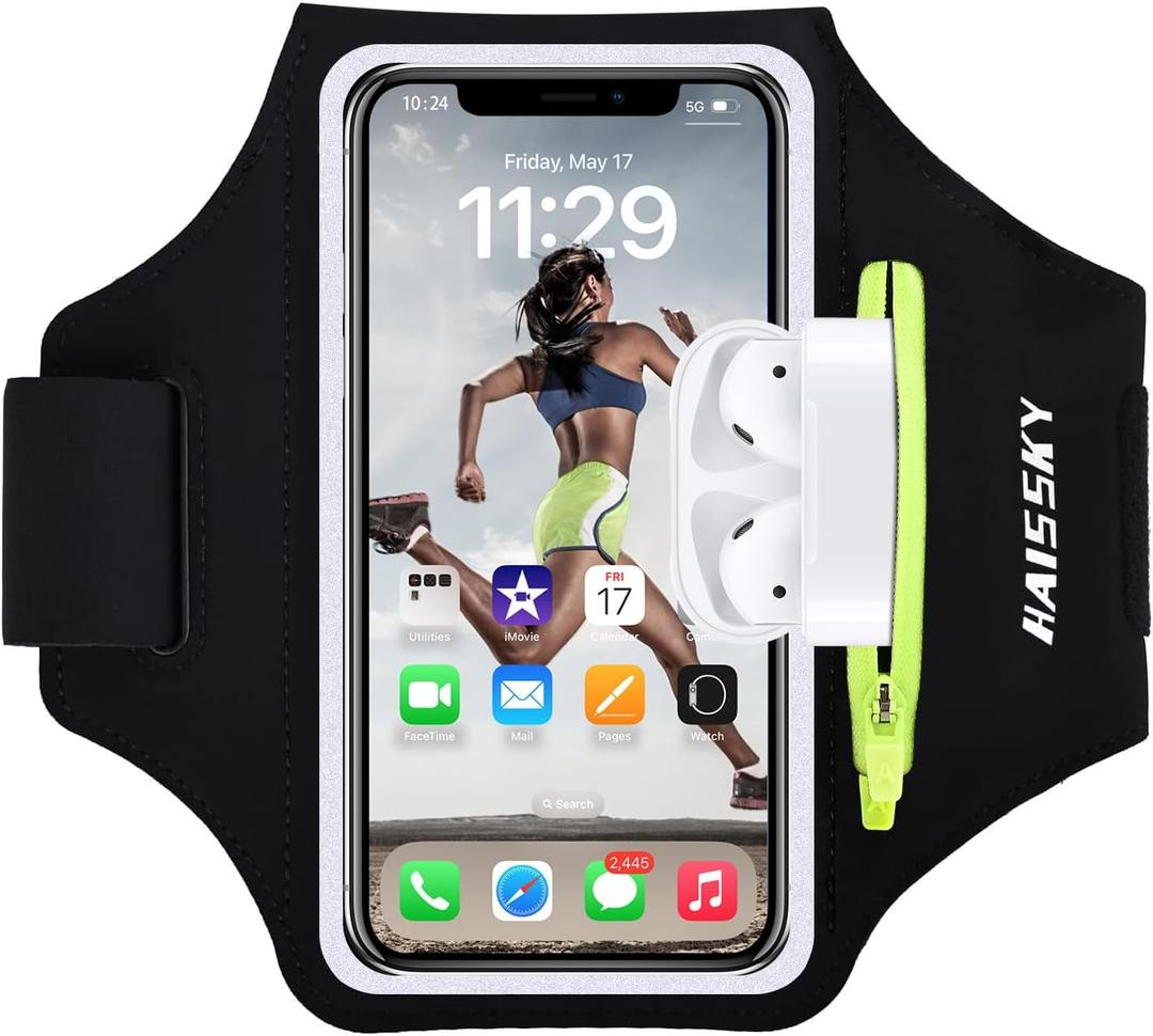 Cell Phone Running Armband with Zipper Pocket Armband Case Running Holder for iPhone 16 Pro Max/15/14 Pro Max/13/12 /11 Pro Max/XS/XR,Galaxy S20 S10,Sweatproof Arm Band with Card/Key Bag (Black(Upgraded Version,6.9"))